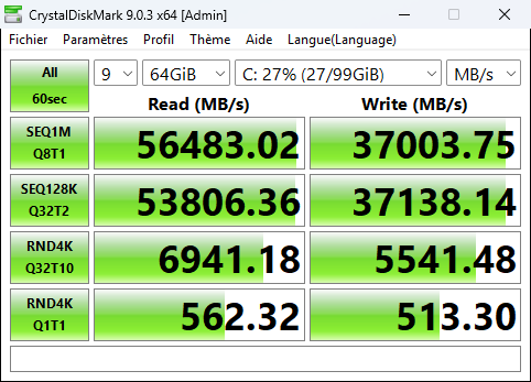 Capture d'écran CrystalDiskMark - SRODisk